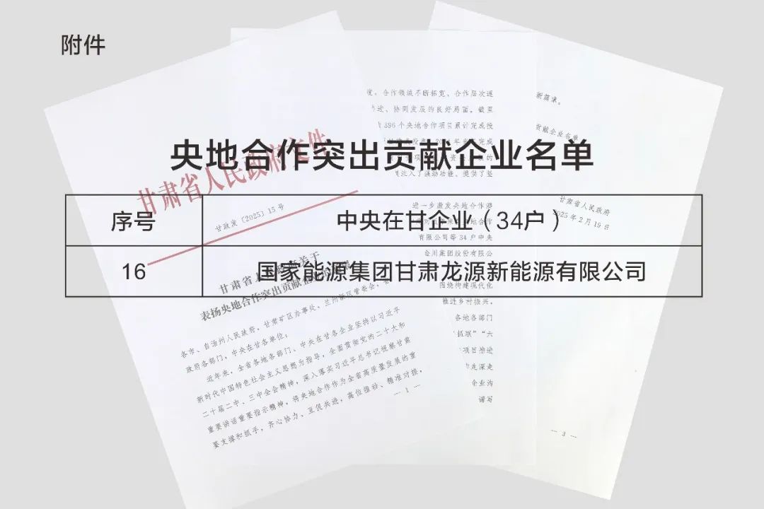 龙源电力荣获甘肃省央地合作突出贡献企业